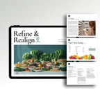 Tablet displaying a Clean Eating Starter Guide with food images and text on a white background