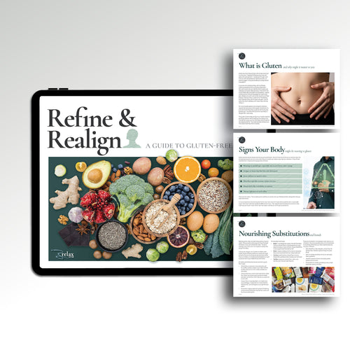 Refine and Realign Gluten Free Living multi-page layout — bloating and fatigue after eating wheat, gluten and autoimmune disease connection