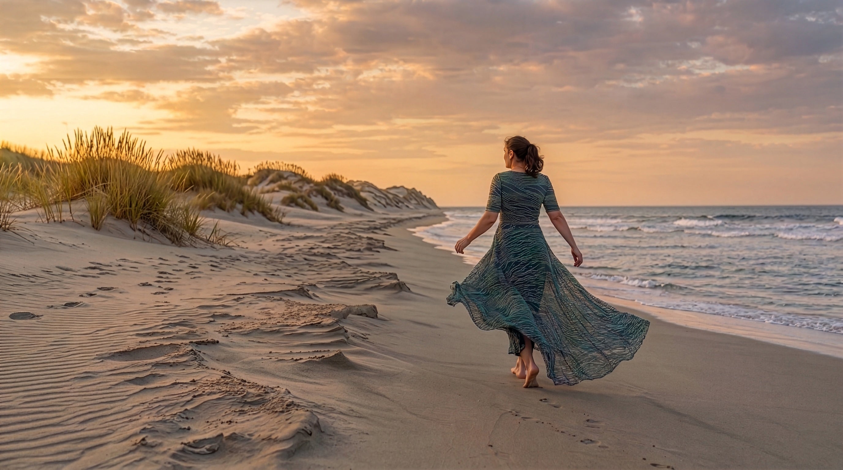 Christie Edwards, founder of Relax with CME, walking on a sandy beach — wellness education from lived experience with chronic illness