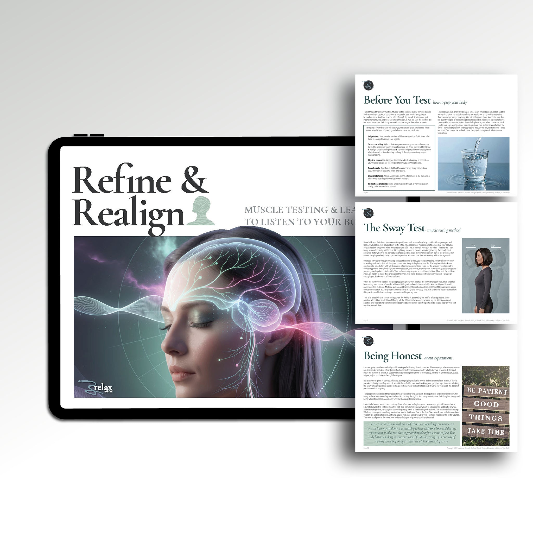 Refine and Realign Muscle Testing multi-page layout — applied kinesiology for beginners, food sensitivity testing, body intuition