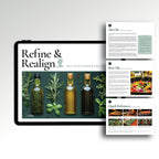 Refine and Realign Oils That Harm and Oils That Heal multi-page layout — canola oil inflammation, vegetable oil and health, healthy cooking oil alternatives