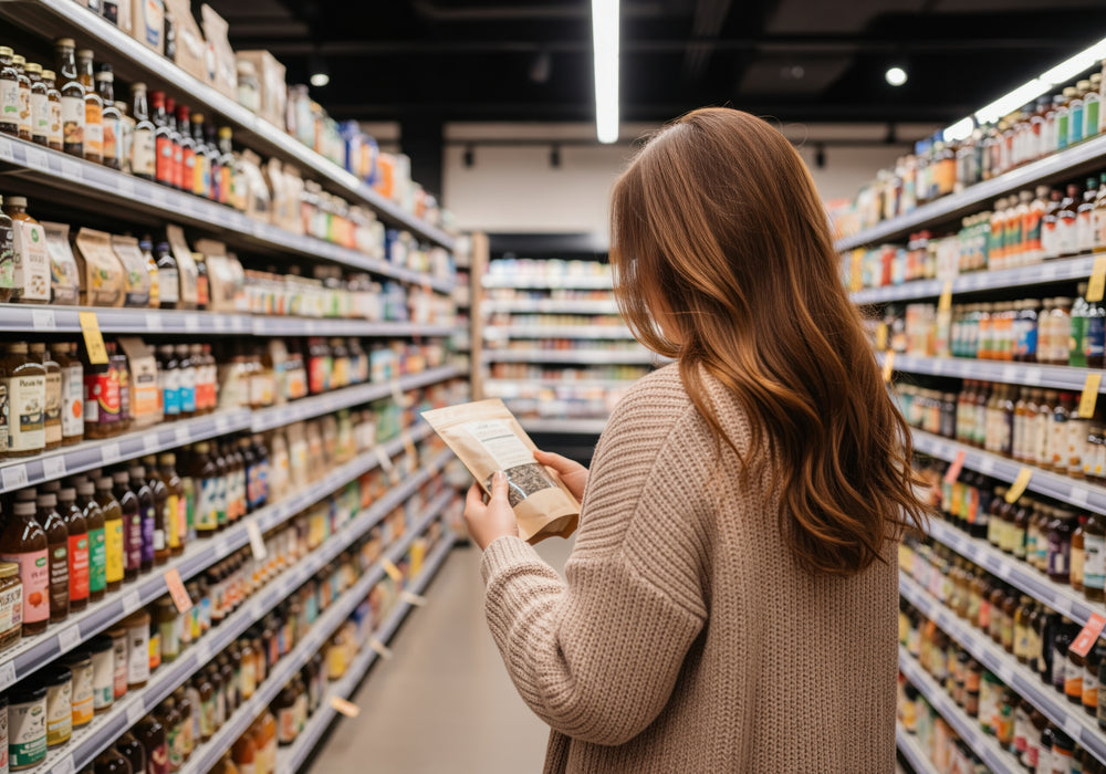 A woman with long light brown hair stands in a supermarket aisle, viewed from behind as she reads a paper grocery list. Shelves stocked with various packaged foods and beverages line both sides of the aisle under bright overhead lighting.